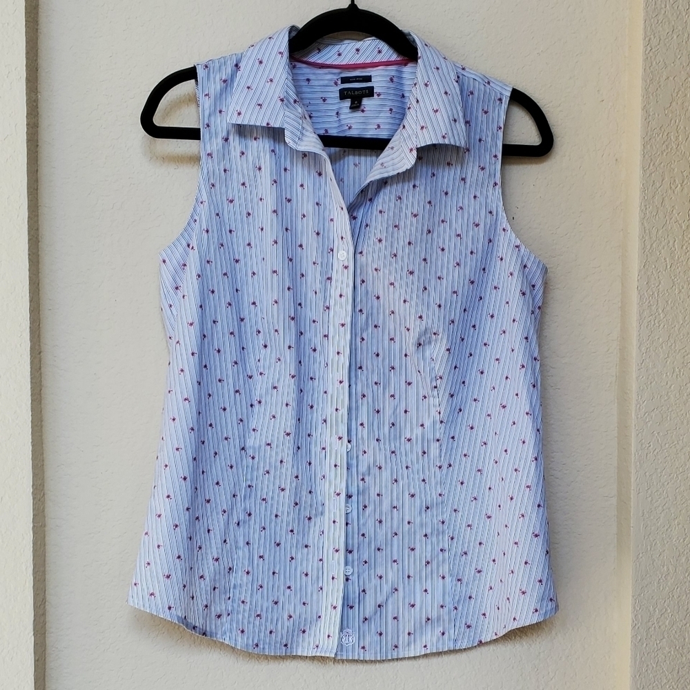 Talbots Blue Pink Striped Palm Tree Print Sleeveless Button Down Tank Top Size 8